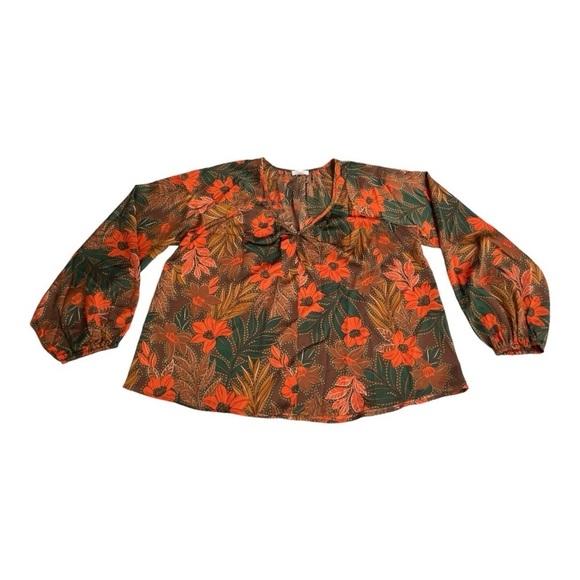 ODDY Curvy Autumn Petals Blouse, colors of orange, green and brown. Size L - Picture 4 of 10